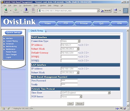 OvisLink MU-9000VPN Quick Setup page