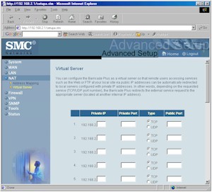 SMC7004FW: Virtual Servers screen