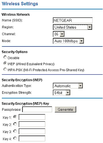 NETGEAR WPN824 - Wireless settings screen
