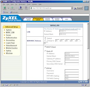 ZyXEL B-4000: Advanced Setup - WAN/LAN screen