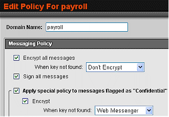 The mail encryption policy screen