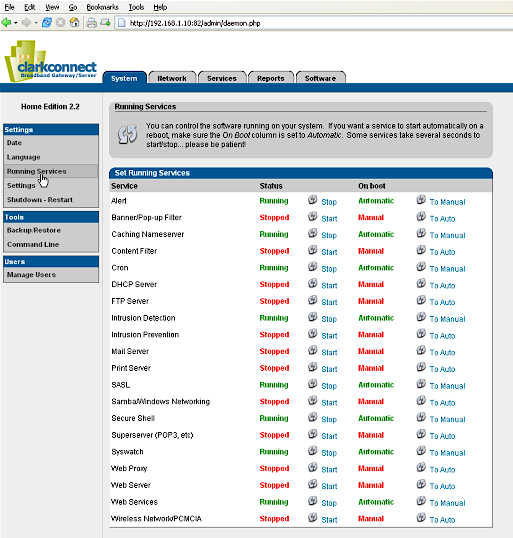 Service console showing OpenSSHD and rsync server