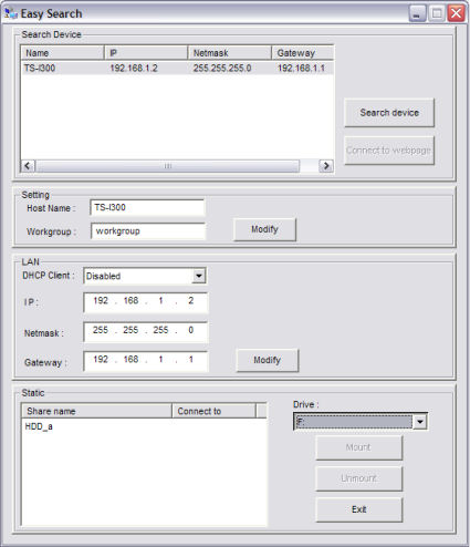 Easy Search utility discovering the TS-I300 on the network