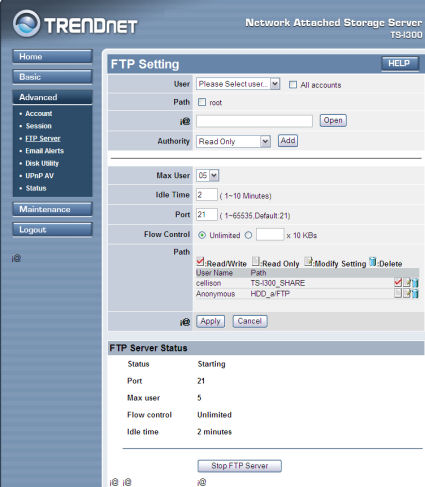 FTP server settings