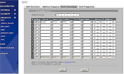 Zywall 2plus NAT Port Forwarding screen