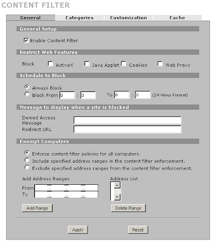 Zywall 2plus Content Filter General screen
