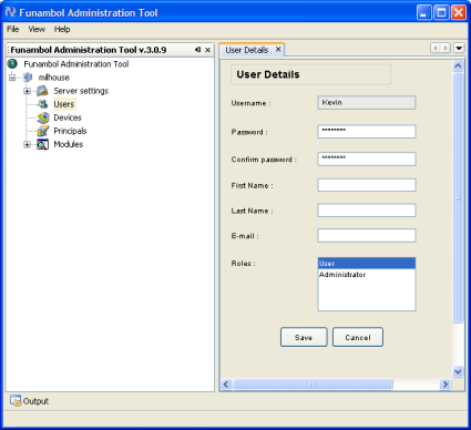 Funambol Administration Tool's Search User Details panel