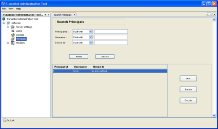 Funambol Administration Tool's Search Principals panel