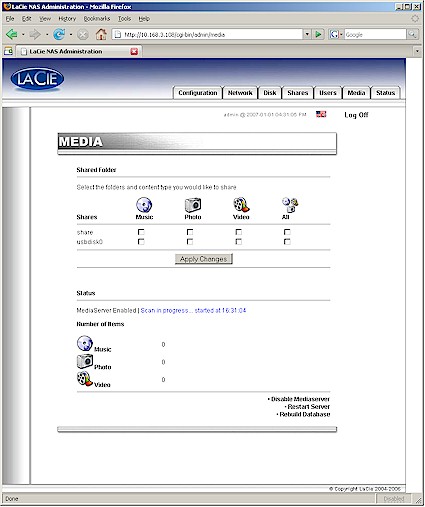 LaCie Ethernet disk mini Media server screen