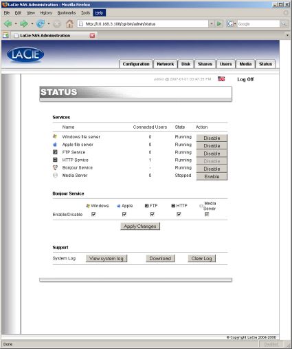 LaCie Ethernet disk mini Status screen