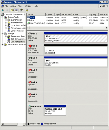 Disk Manager View of the DS-500 with adapter driver installed