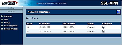 Network Interfaces screen