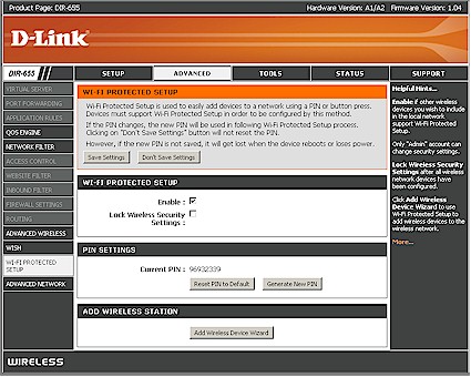 Wi-Fi Protected Setup screen