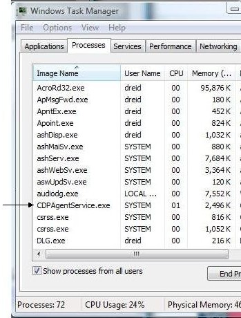 Task Manager showing Agent Service