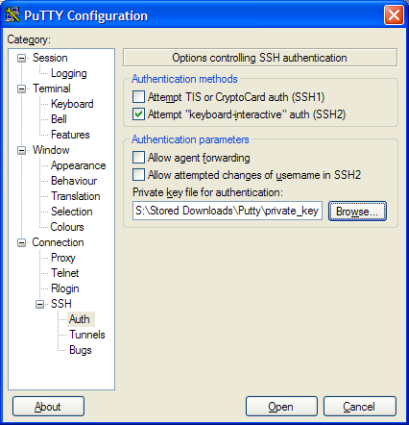 Entering the Private key file location in PuTTY