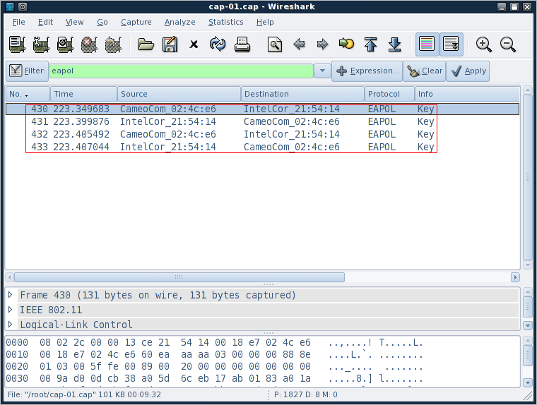 EAPoL filter applied to captured packets