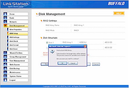 Restructure RAID Array warning message