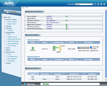 NSA-220 Configuration and status menu