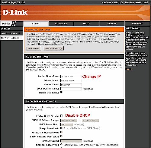 Setting the AP IP address and disabling DHCP