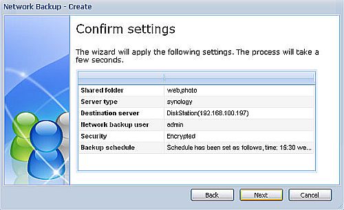 Network backup wizard confirmation screen