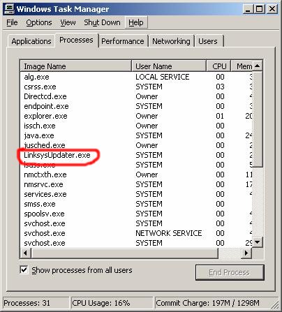 The LinksysUpdater service running