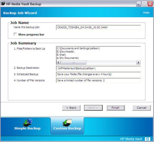 Drive Shadow custom backup job summary