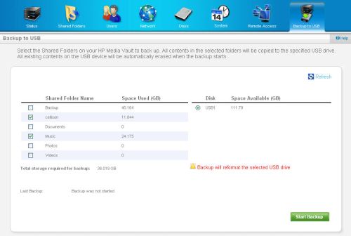 Media Vault Backup to USB screen