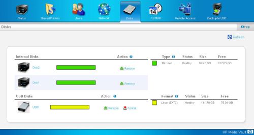 Media Vault Disks page