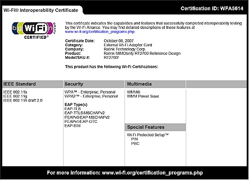 Ralink RT2700 Reference Design WFA Certificate