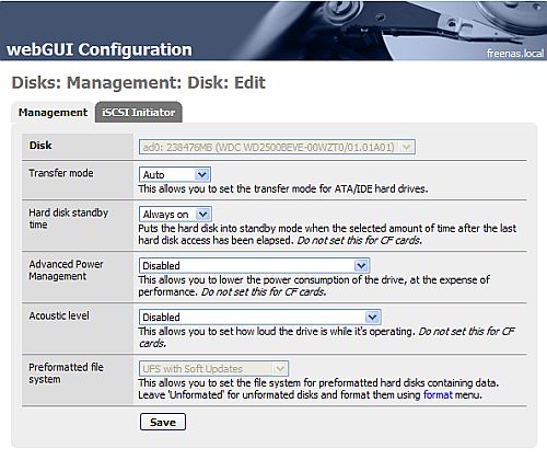 FreeNAS disk management process for adding the disk