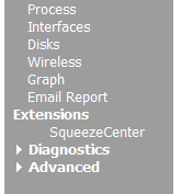 SqueezeCenter listed in the Extensions menu