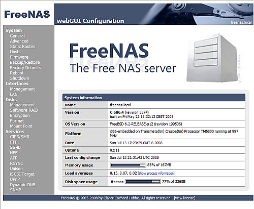 FreeNAS basic status display