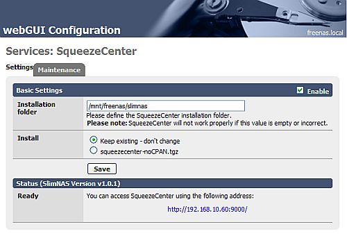 SqueezeCenter installed and running on FreeNAS