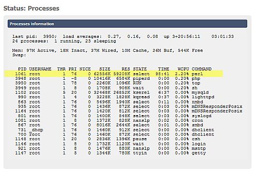 FreeNAS process menu showing Perl running FreeNAS process menu showing Perl running