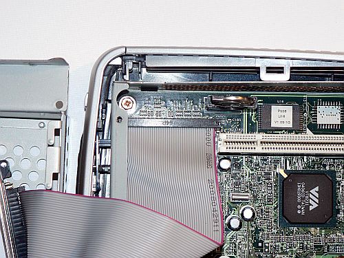 Closeup of the IDE cable connecting to the T5700 motherboard