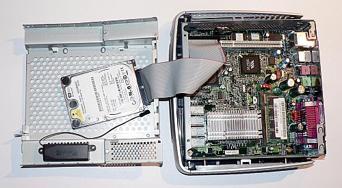 HP T5700, cover open with 2.5" IDE drive installed
