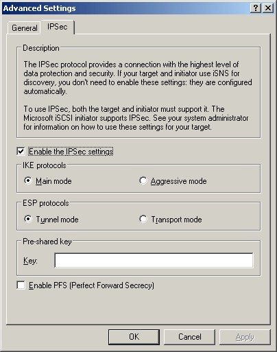 Windows iSCSI Initiator - Advanced Settings - IPsec