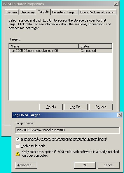 The admin pane for enabling ISCSI targets.