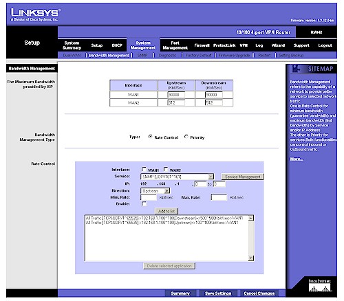 RV042 Bandwidth Management screen