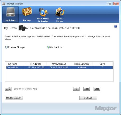 Maxtor Manager showing discovered Central Axis