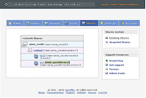 Openfiler Shares screen