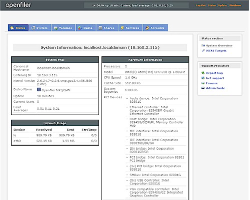 Openfiler Status screen
