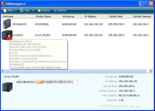 NASNavigator showing RAID error condition