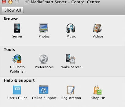 HP MediaSmart Server Control Center for Mac