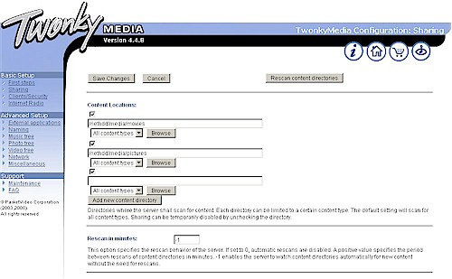 Twonky Media server config page