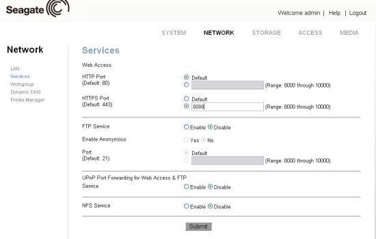 Network > Services menu