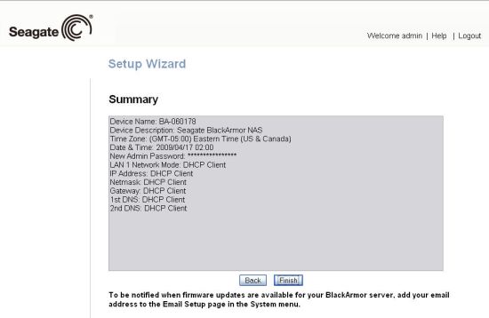 Setup wizard summary