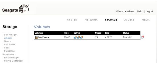 Volume page showing degraded RAID