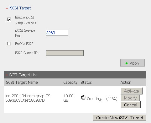 iSCSI target creation in progress