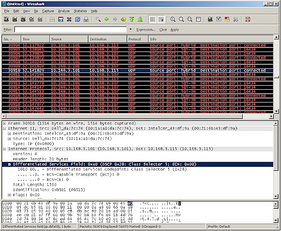 Wireshark showing DSCP Service Class 5 (VI) tagging